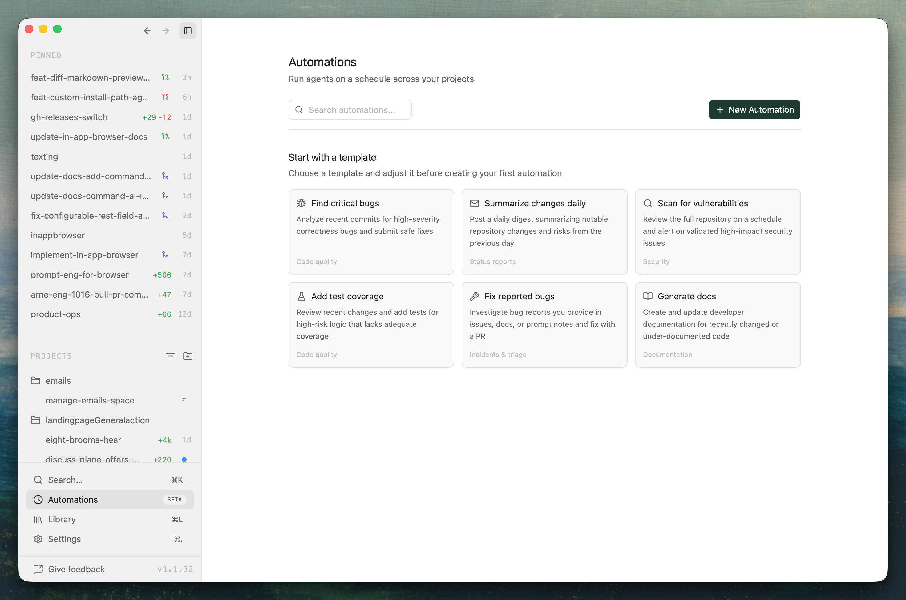 Emdash v1.1.32 automations screenshot